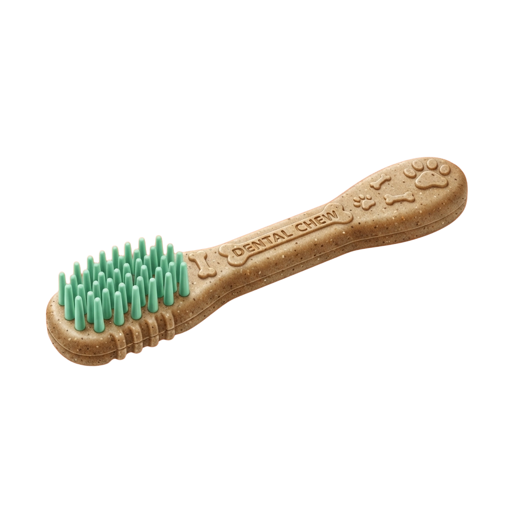 A dog dental chew toy with bristles for cleaning teeth, shaped like a toothbrush with paw prints and text.