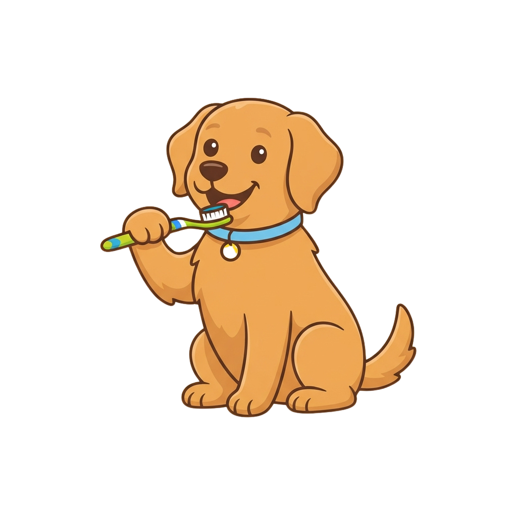 A cheerful cartoon golden puppy brushing its teeth with a green toothbrush