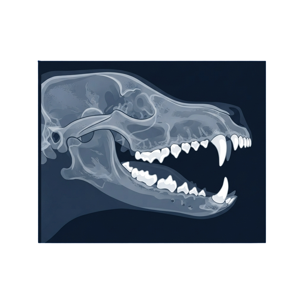 Illustration of a predatory animal skull with open mouth showing sharp teeth and jaw structure