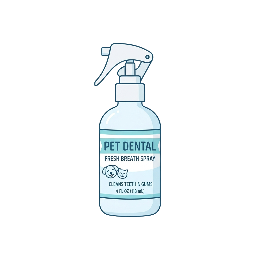 Illustration of a pet dental fresh breath spray bottle with a pump dispenser, showing a dog and cat icon.