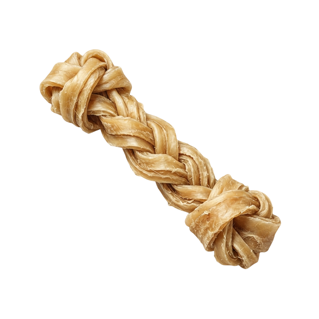 A light beige braided cotton rope toy with two knotted ends for dogs