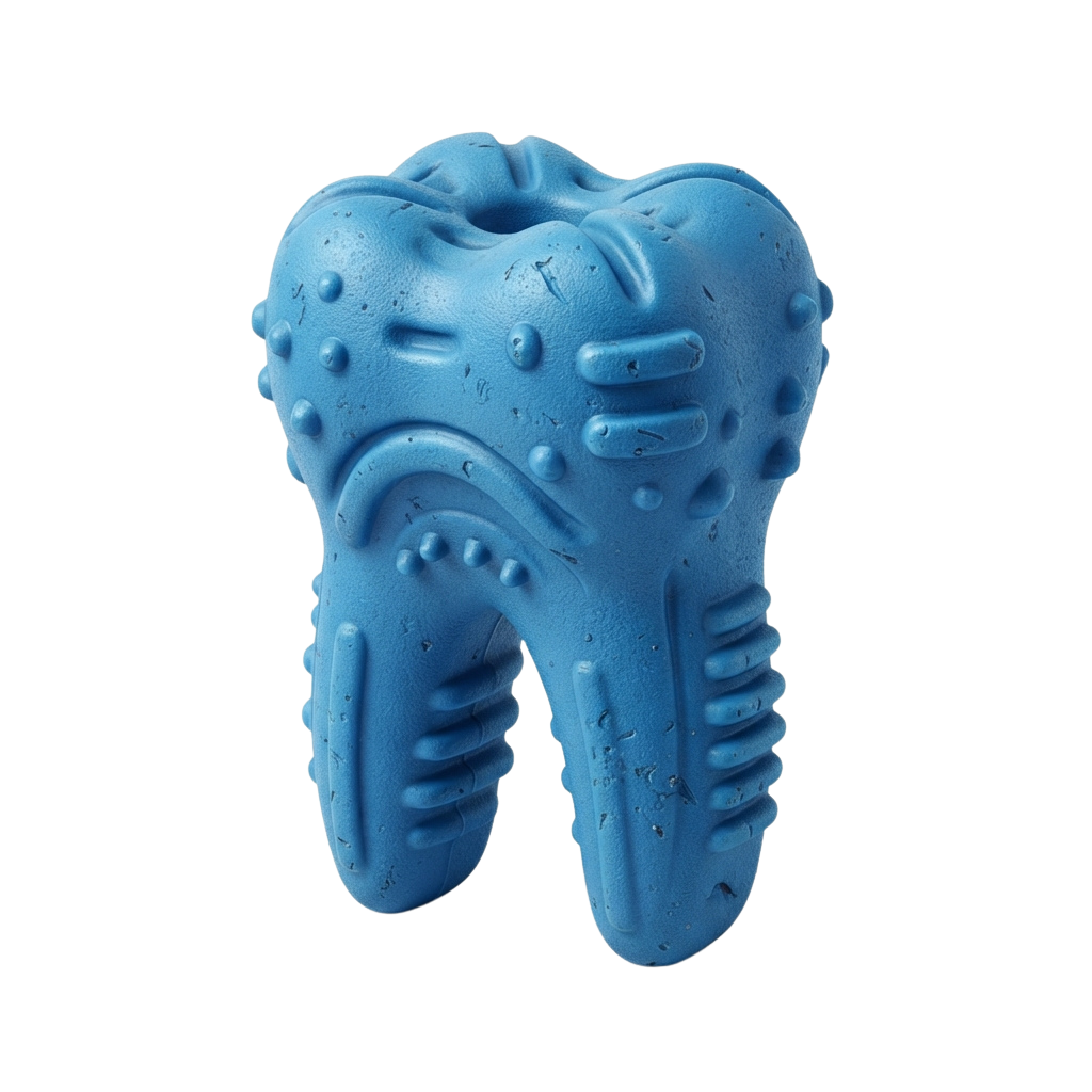 A close-up 3D rendering of a blue, textured tooth with detailed surface patterns and ridges.