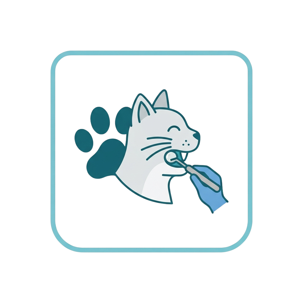 A smiling cartoon cat brushing its teeth with a blue toothbrush and paw print
