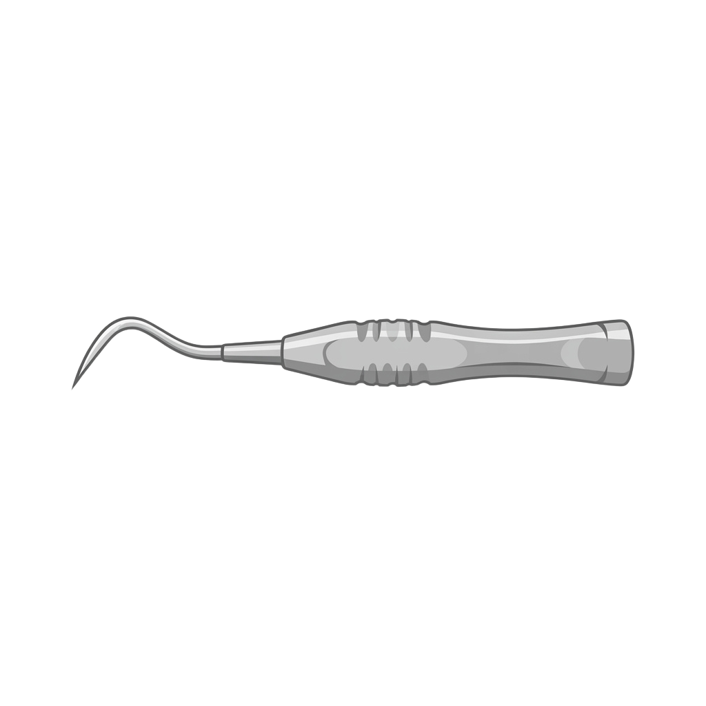 A dental probe tool with a curved end and textured grip handle