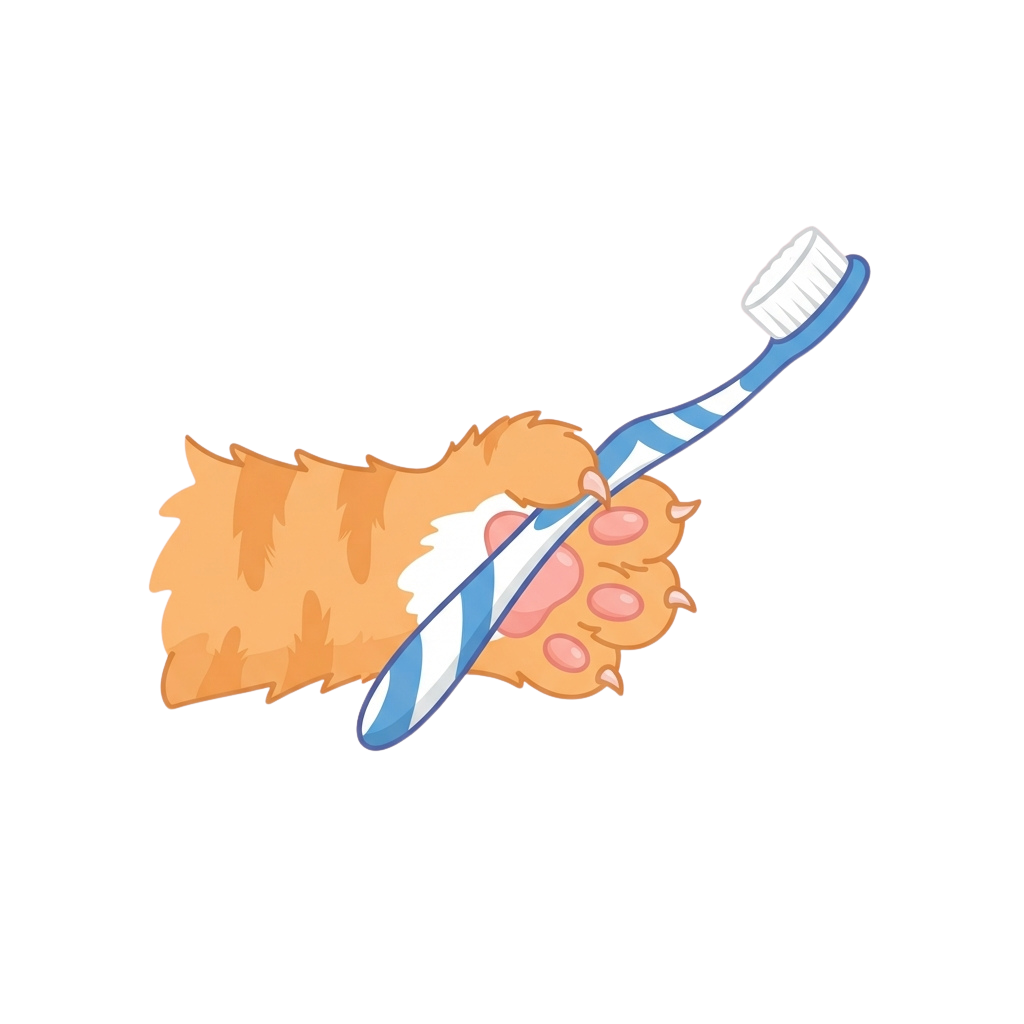 A cartoon cat with its mouth open, being brushed with a blue and white toothbrush