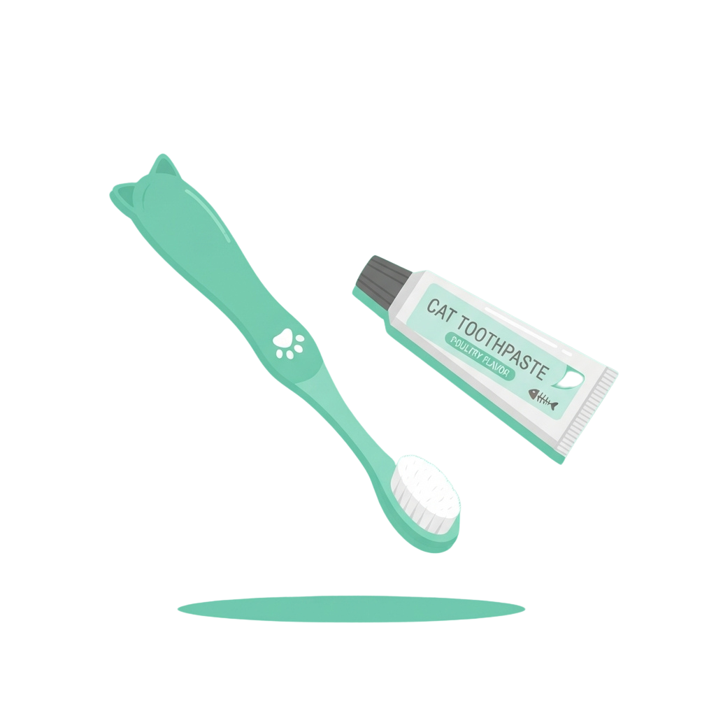 Illustration of a cat toothbrush and tube of cat toothpaste on a black background