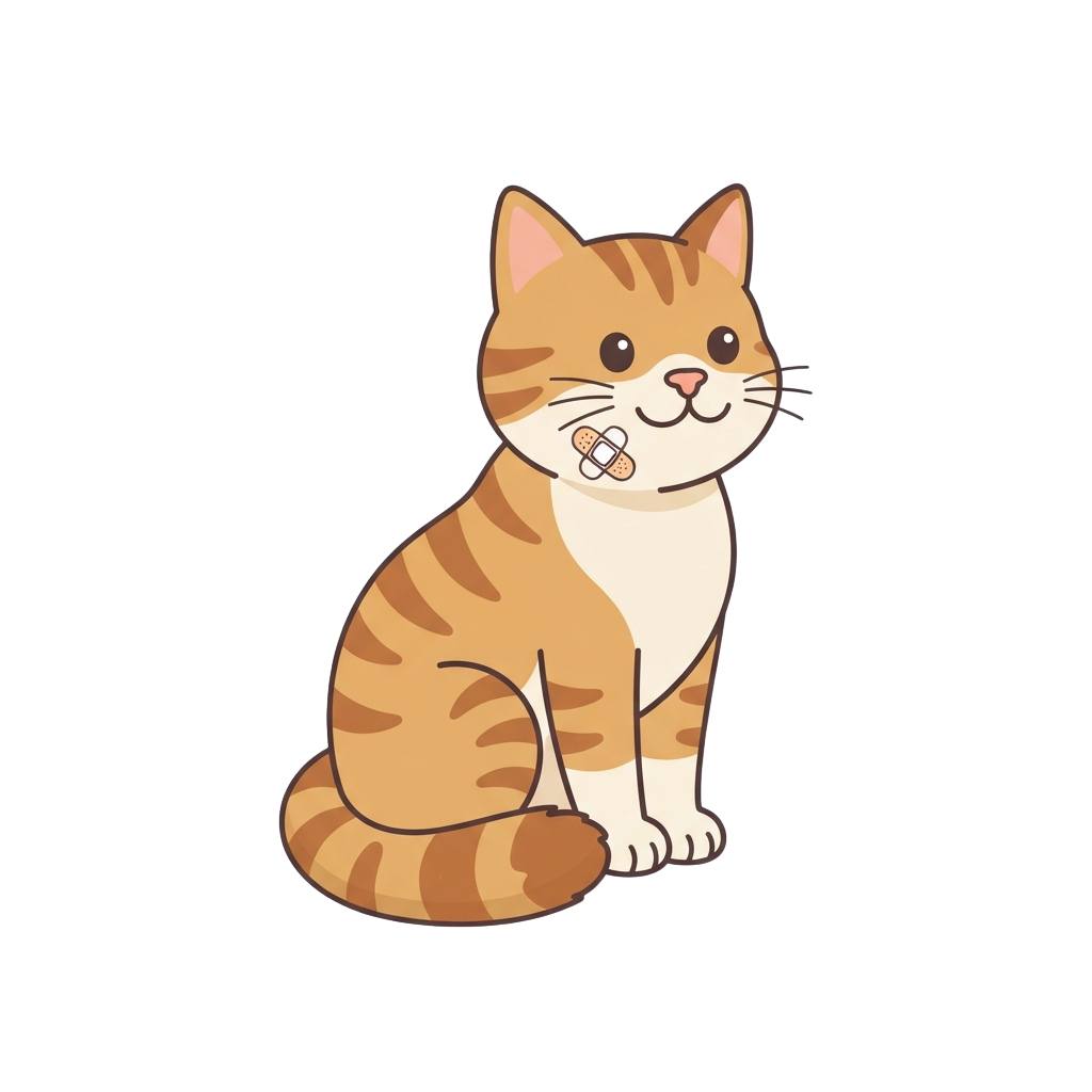 A cheerful cartoon tabby cat sitting and wearing a collar with a tag around its neck