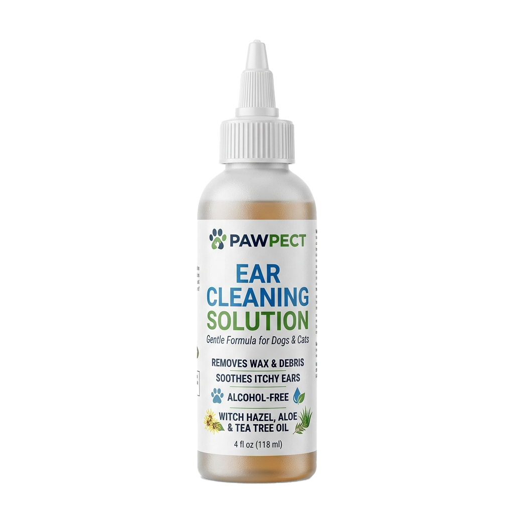 Bottle of ear cleaning solution for pets with a dropper tip, labeled for dogs and cats