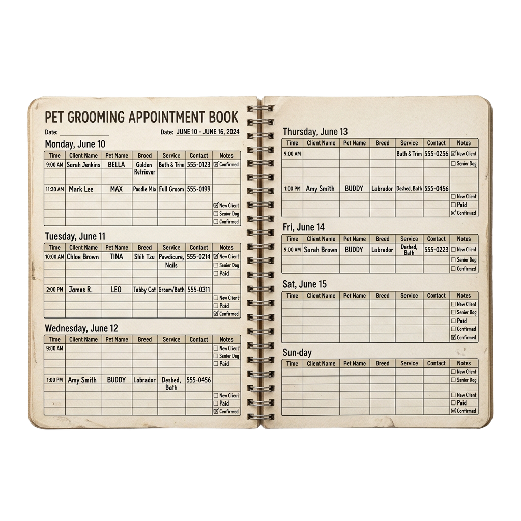 A spiral-bound appointment book showing pet grooming schedules for June 10 to June 16 with client names, pet details, and services listed