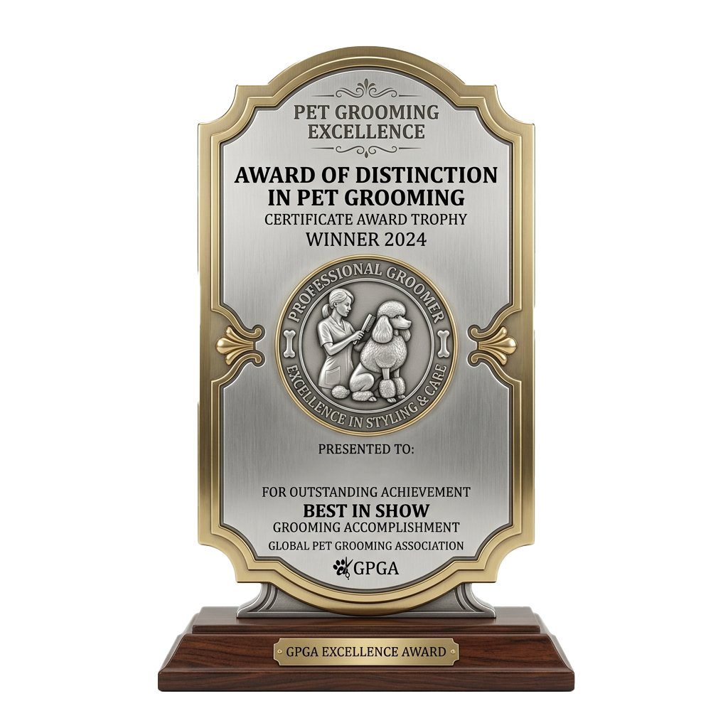 Shiny silver and gold award plaque for pet grooming excellence with a groomer and dog illustration, labeled Winner 2024.