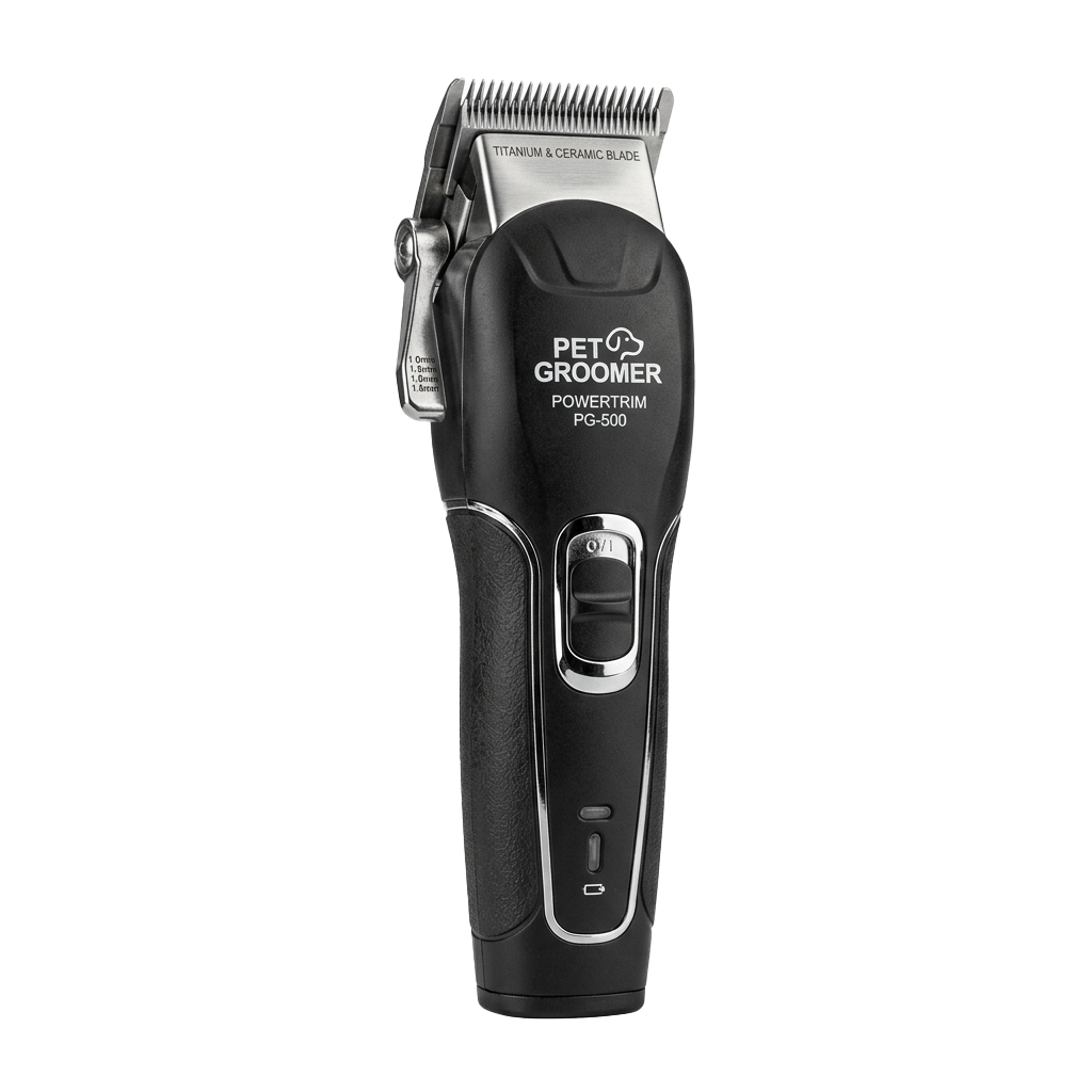 Black and silver pet grooming clipper with titanium ceramic blade labeled PowerTrim