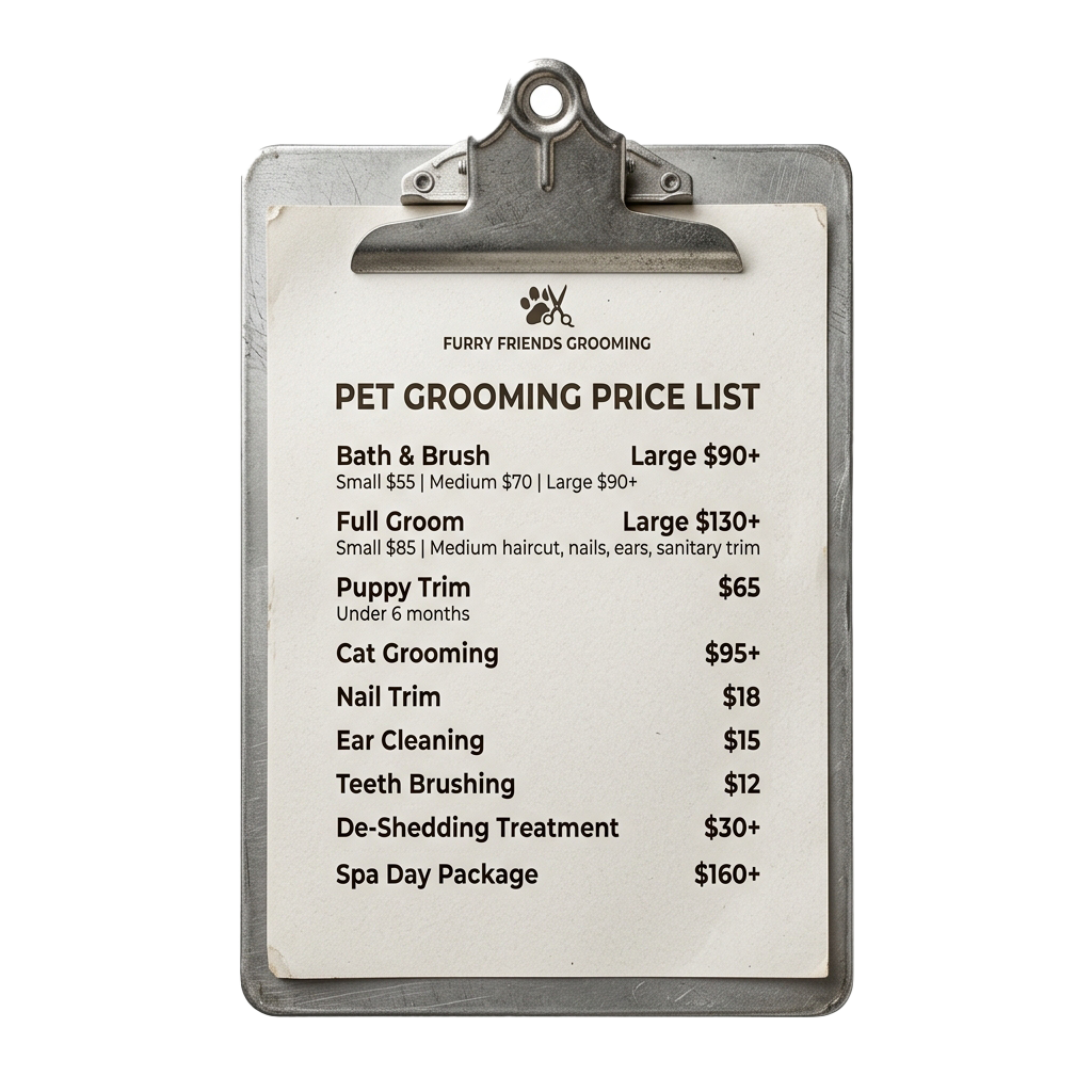 Clipboard showing pet grooming price list with various services and costs