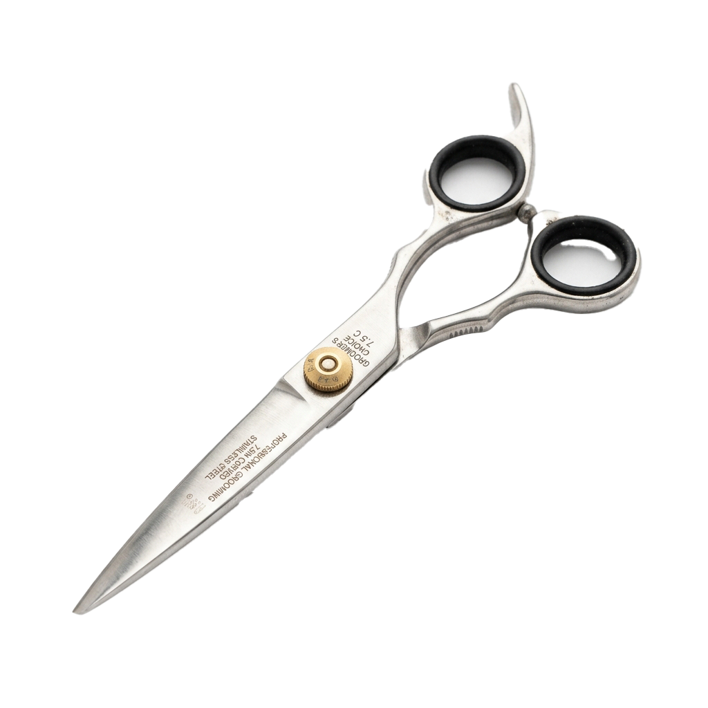 Stainless steel hairdressing scissors with finger loops and thumb hole, shown closed against a black background