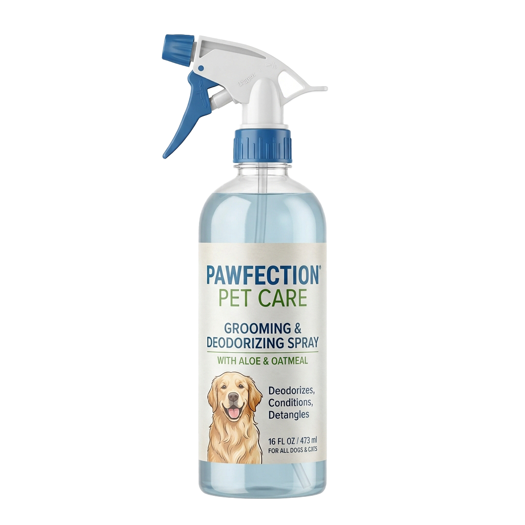 Spray bottle labeled pet grooming and deodorizing spray featuring a golden retriever, with aloe and oatmeal ingredients
