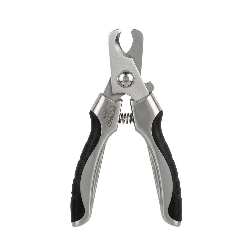Close-up of stainless steel pet nail clippers with black grips and a spring mechanism.