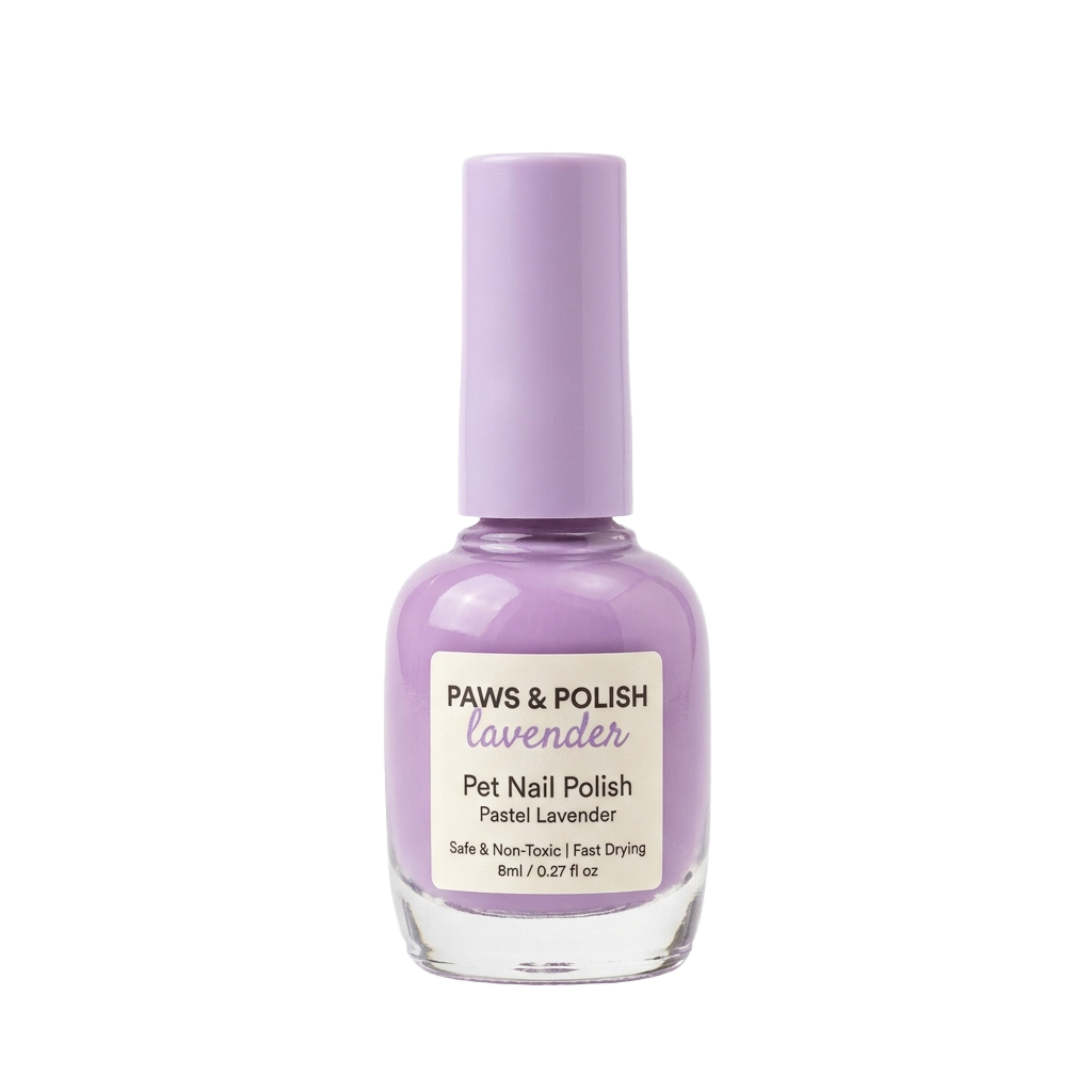Bottle of lavender pastel pet nail polish with a white cap and label indicating it is safe and non-toxic