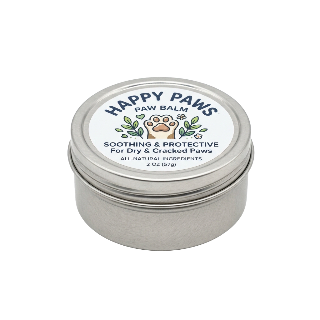 Jar of paw balm labeled for soothing and protecting dry and cracked pet paws with all-natural ingredients