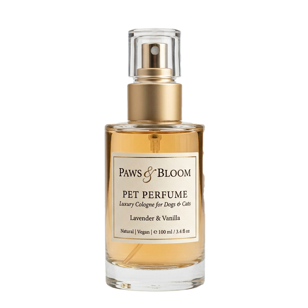 A clear bottle of pet perfume labeled Lavender and Vanilla, with a gold spray top and branding text.