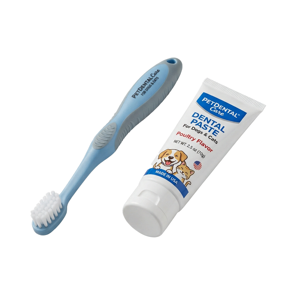 A pet toothbrush and tube of poultry-flavored dental paste for dogs and cats