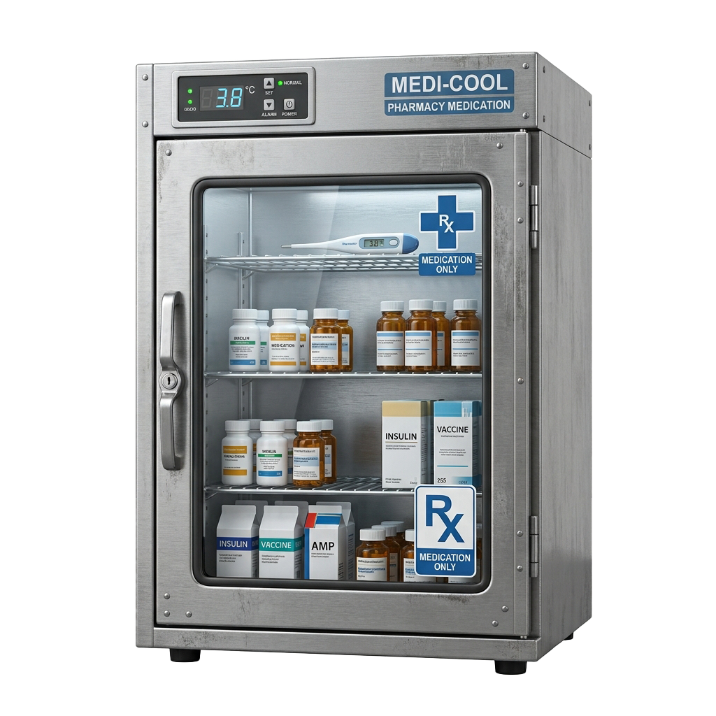 Stainless steel pharmacy refrigerator displaying shelves of insulin, vaccines, and various medications at 3.8 degrees Celsius