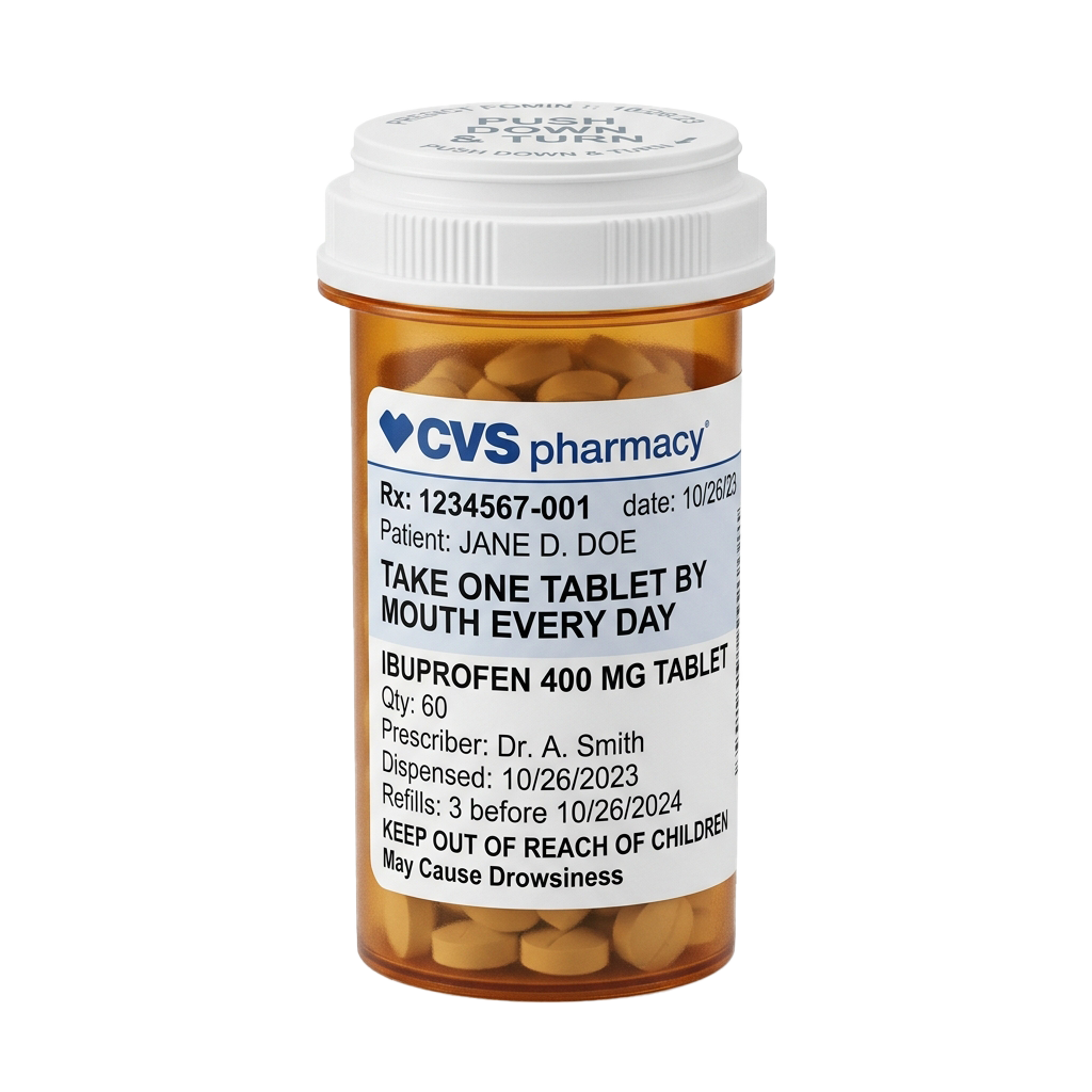 Prescription bottle containing 60 ibuprofen 400 mg tablets with pharmacy label instructions