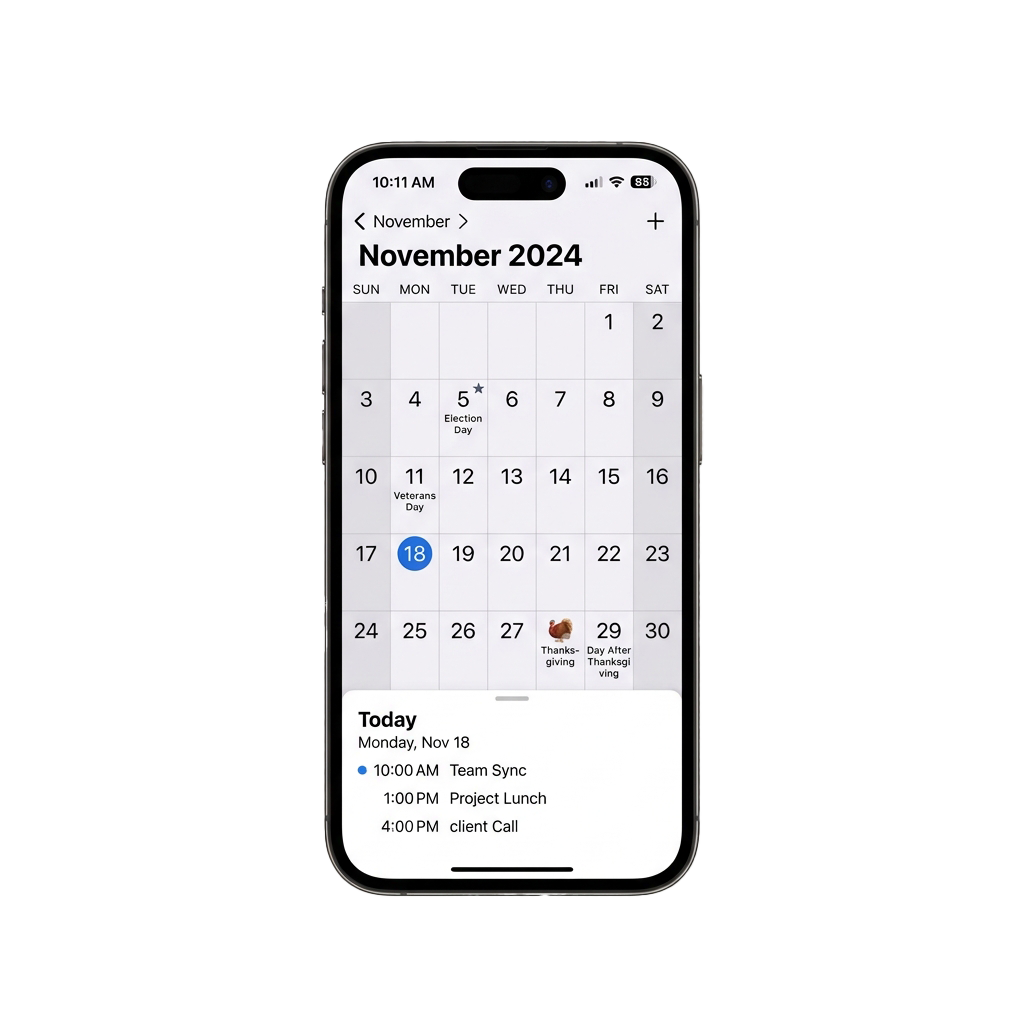 Mobile calendar showing November 2024 with dates, holidays like Election Day and Thanksgiving, and a daily schedule for November 18