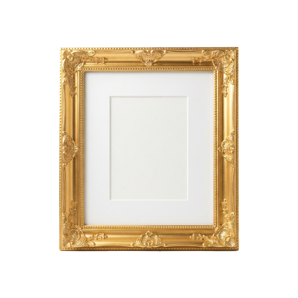 A gold decorative frame with intricate designs and a white mat, shown against a black background