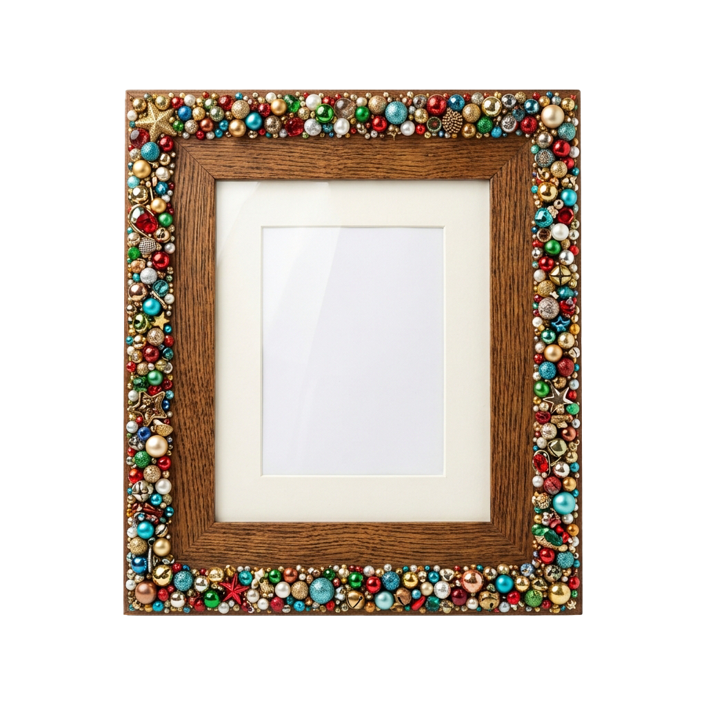 Wooden picture frame adorned with colorful glass and metal beads around the edges