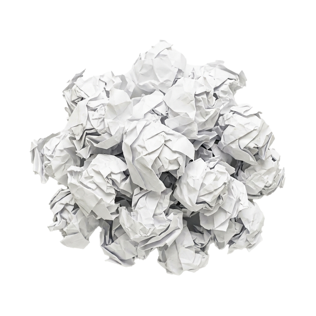 A cluster of tightly packed, crumpled white paper balls forming an irregular spherical shape