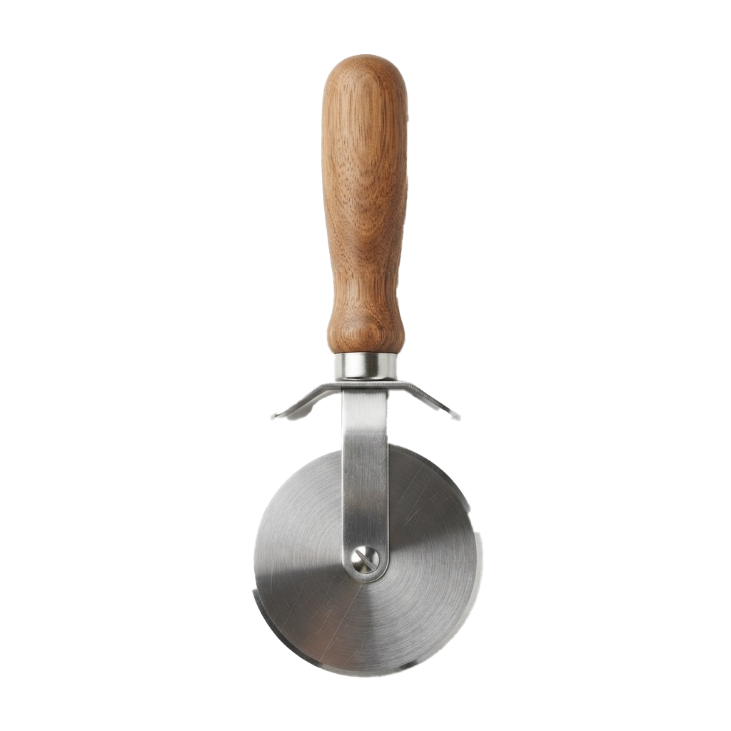 A pizza cutter with a wooden handle and a round stainless steel wheel blade
