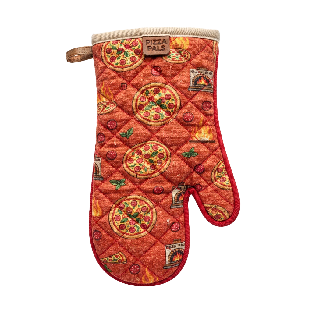 Red quilted oven mitt with colorful pizza and oven graphics