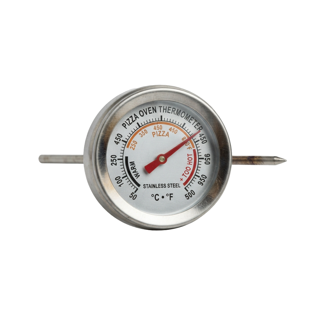 Stainless steel pizza oven thermometer with temperature markings in Celsius and Fahrenheit, red needle pointing to 450 degrees Fahrenheit