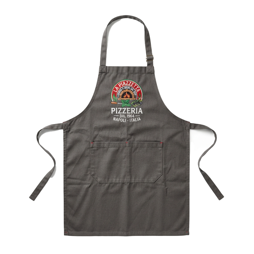 Gray apron with pizza restaurant logo and text in Italian saying Pizzeria Napoli Italia since 1964