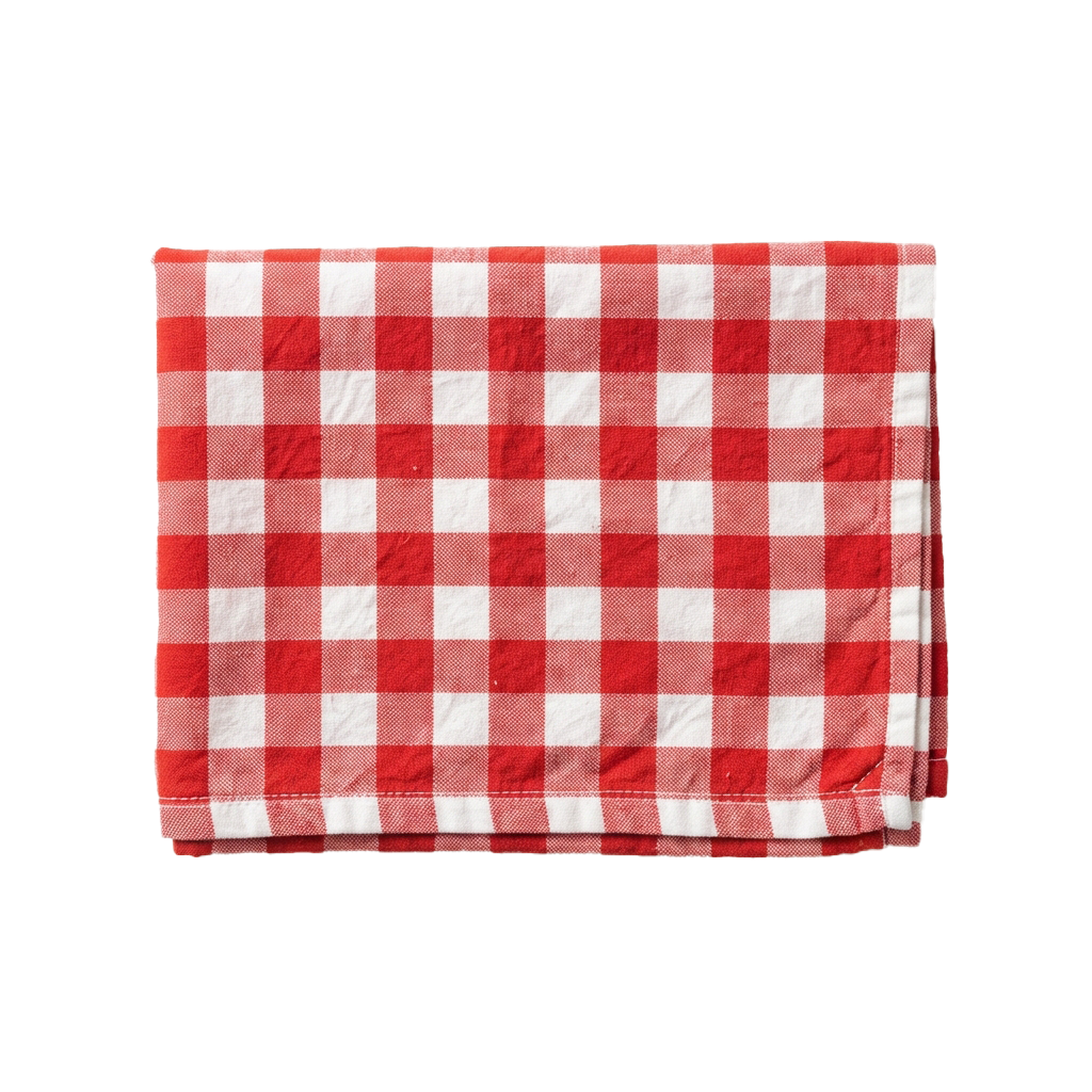 A red and white checkered cloth with a classic gingham pattern laid flat