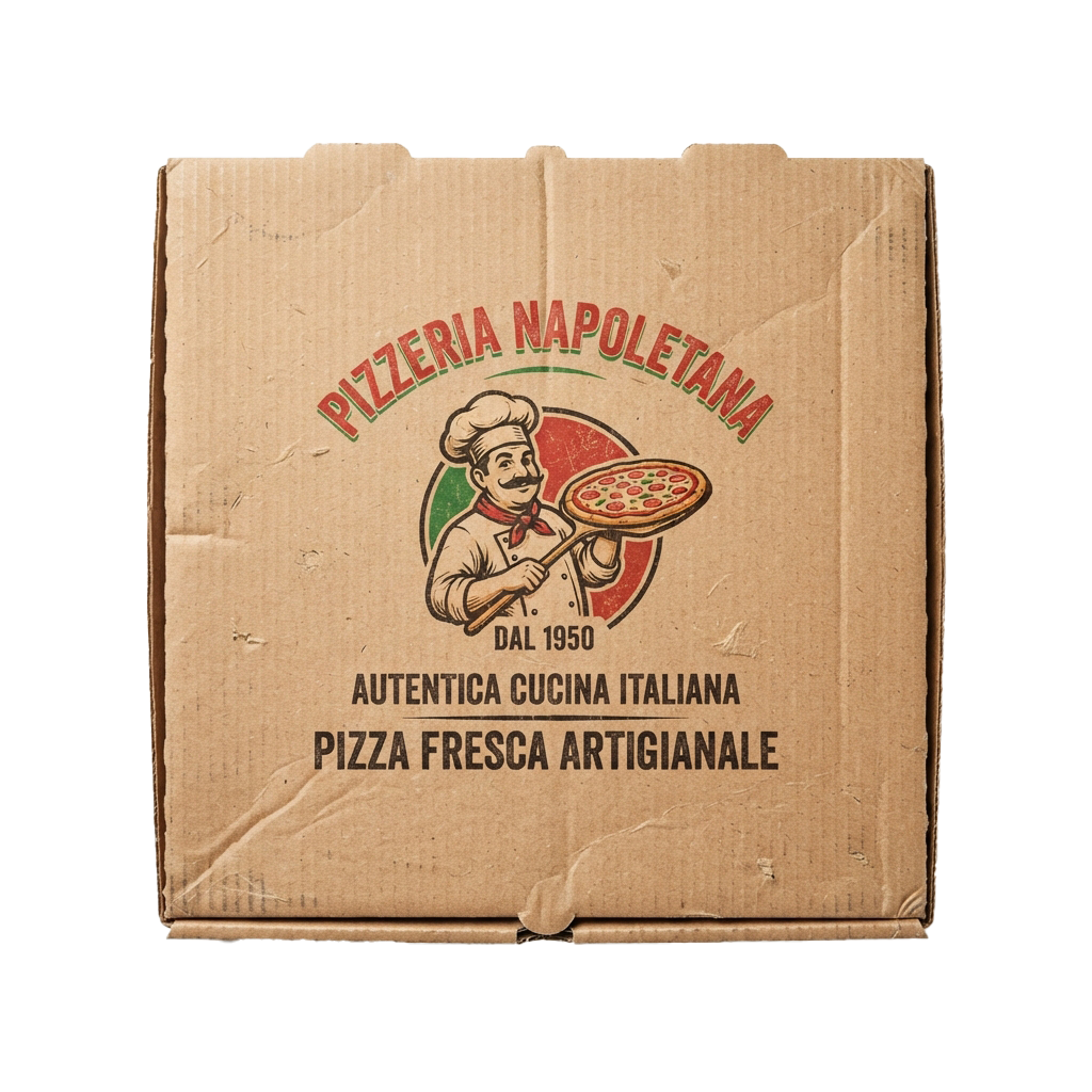 Vintage-style pizza box with Italian chef graphic and text promoting authentic artisanal pizza