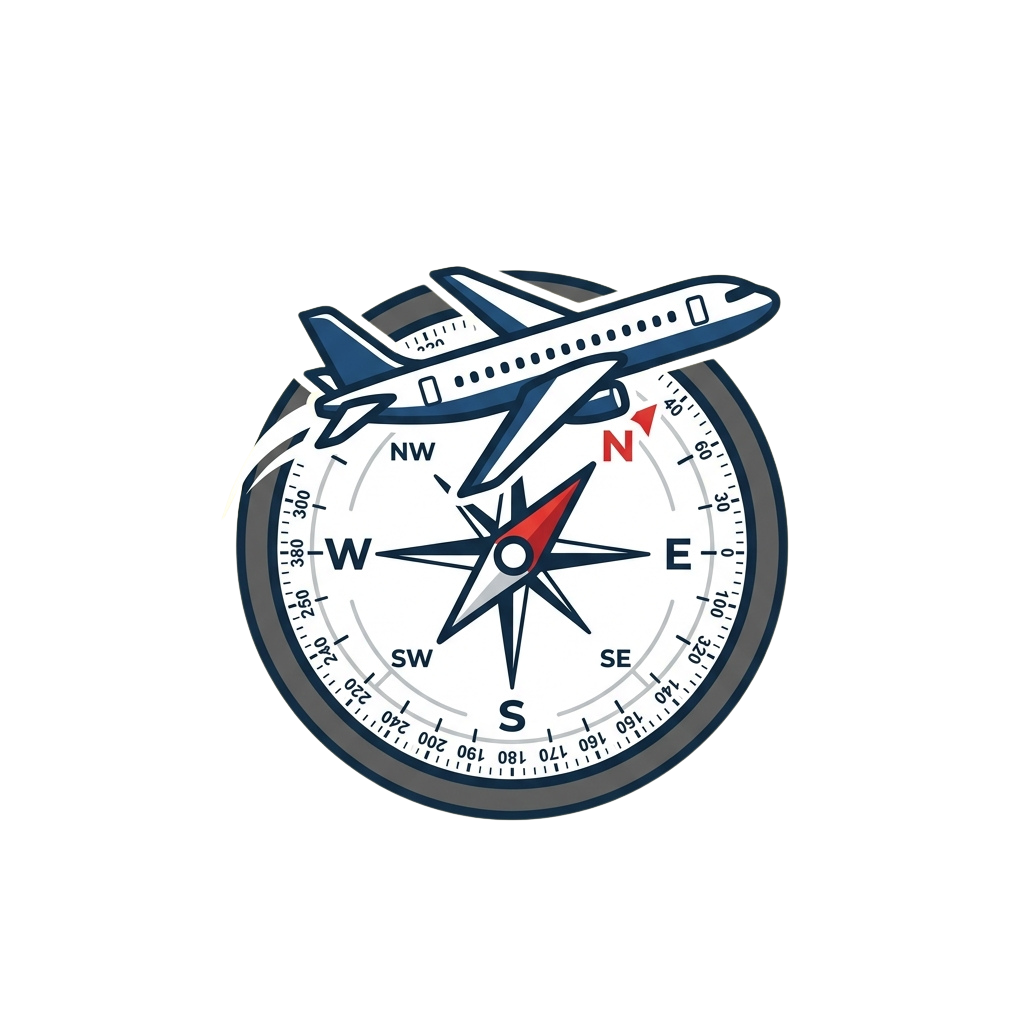 An airplane graphic integrated into a circular compass design with north arrow pointing upward
