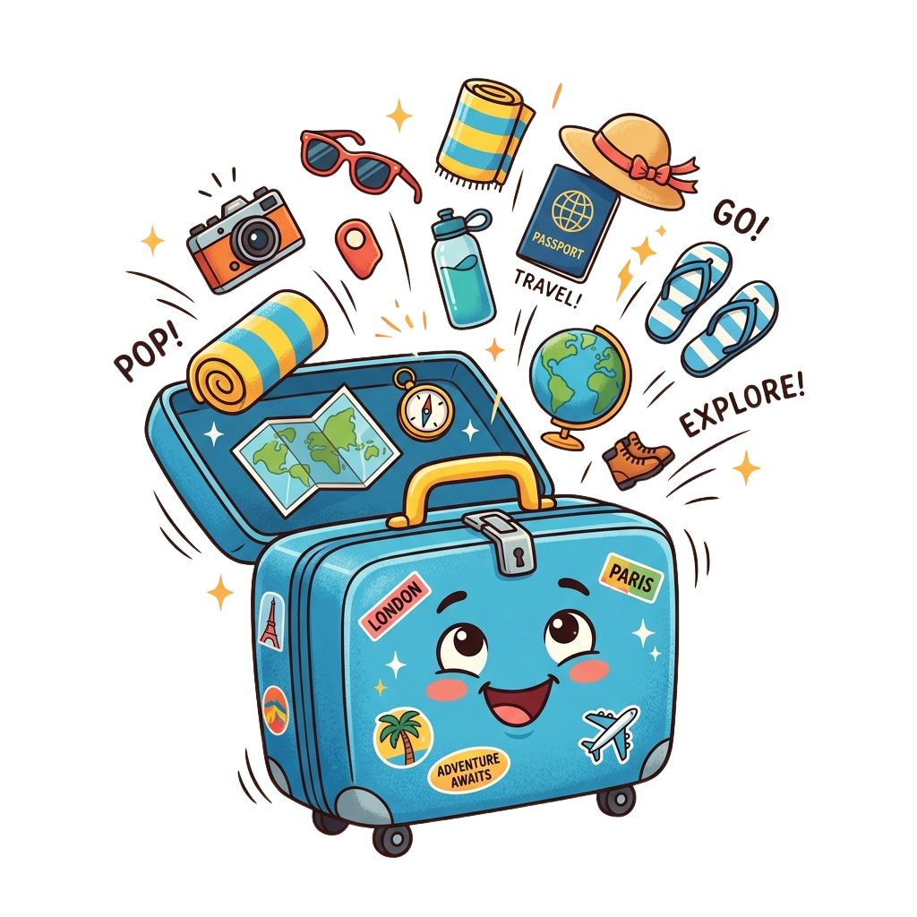 A smiling blue suitcase with travel-themed stickers and accessories like sunglasses, passport, and flip-flops floating around it