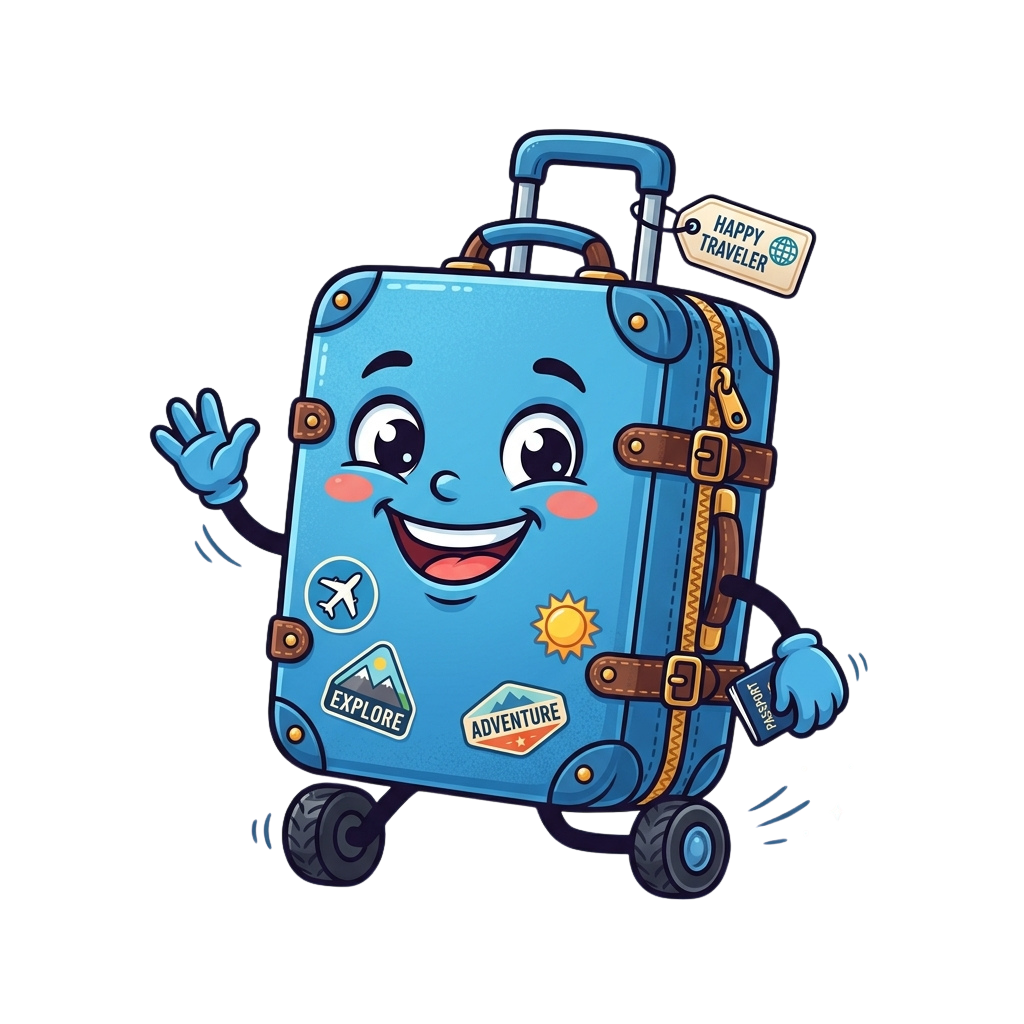 A cheerful animated suitcase waving with a smiley face and stickers reading explore and adventure