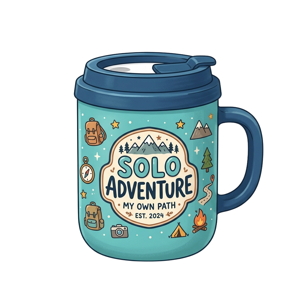 A travel mug with a blue lid and turquoise body featuring camping-themed illustrations and the text Solo Adventure My Own Path Est 2024