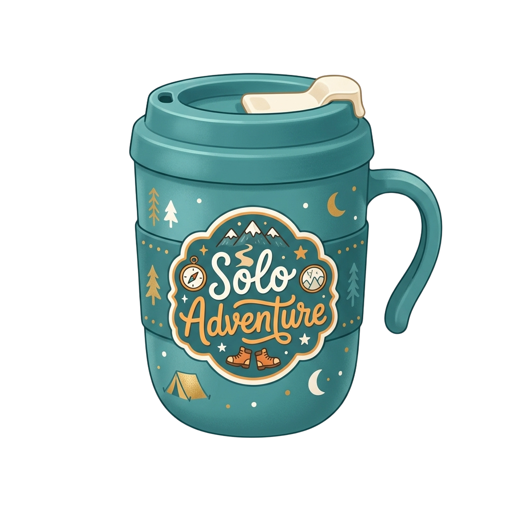 A teal travel mug with Solo Adventure design featuring camping icons like tents, hiking boots, and mountains.