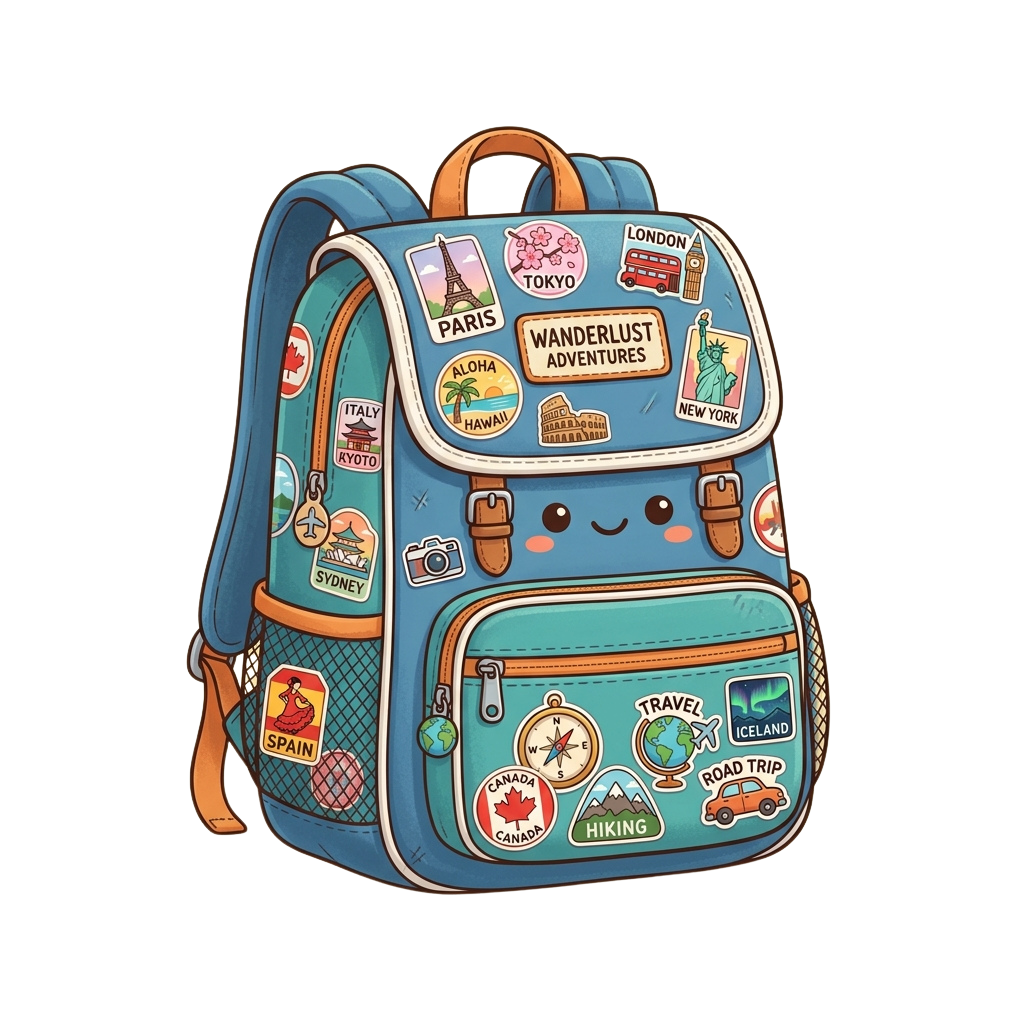A cheerful backpack with travel-themed stickers and a smiling face, featuring destinations like Paris, Tokyo, and New York.