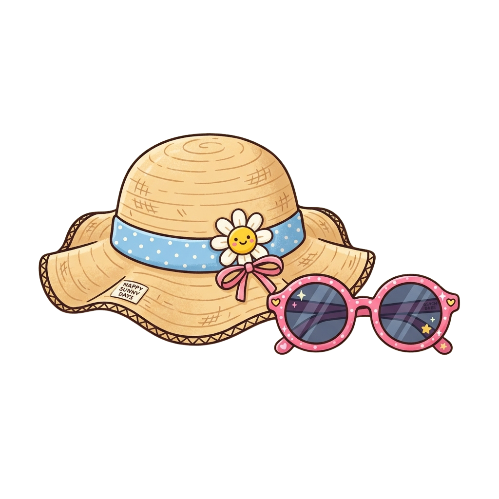 Illustration of a straw sunhat with a blue band and flower, paired with pink heart-shaped sunglasses