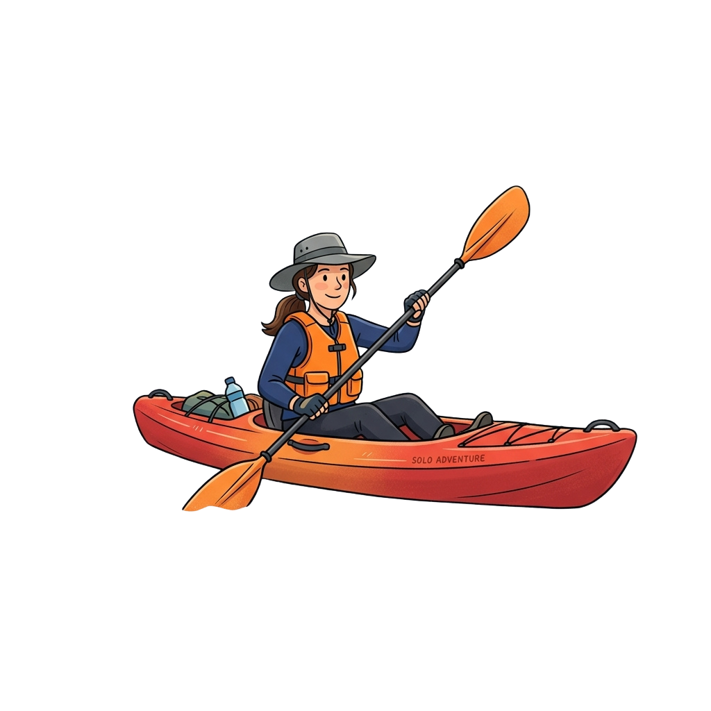 Illustration of a person kayaking in a red canoe with a paddle and wearing a hat and life vest