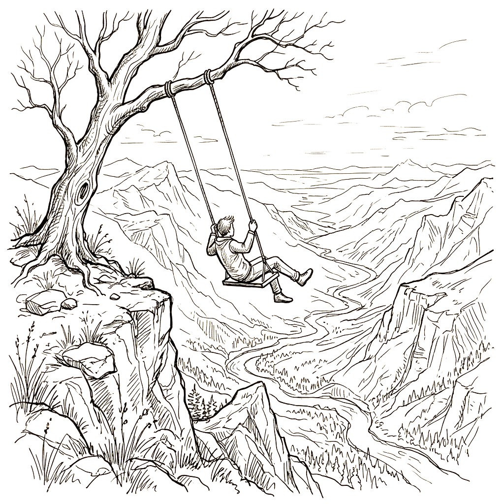 A child swinging on a tree branch over water with intricate line art detailing trees, water, and sky.