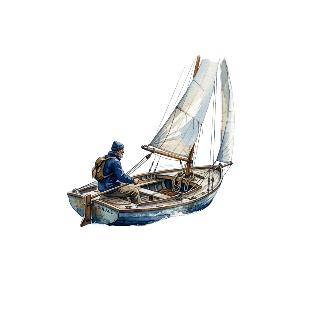 A person in a blue jacket and hat steering a small wooden sailboat named Solace under a night sky.