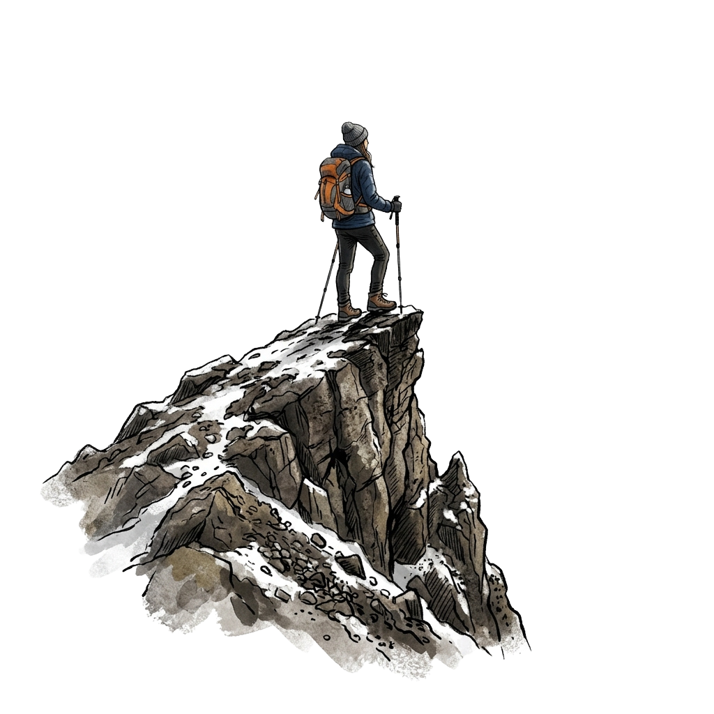 Person standing on a snowy cliff edge holding trekking poles and wearing a backpack