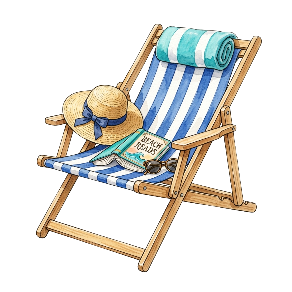 A wooden deck chair with a striped cushion, sunhat, book titled Beach Reads, towel, and sunglasses