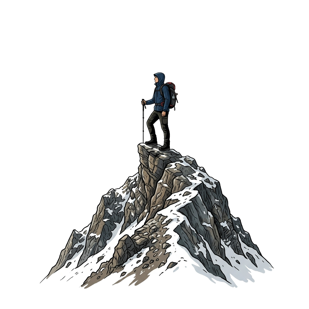 Person in hiking gear standing on top of a snow-covered mountain peak using trekking poles