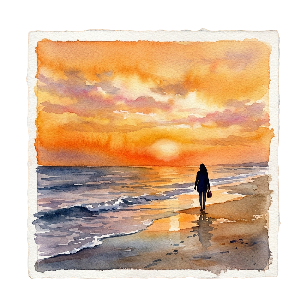 A silhouette of a person walking on a beach during sunset with waves gently lapping the shore