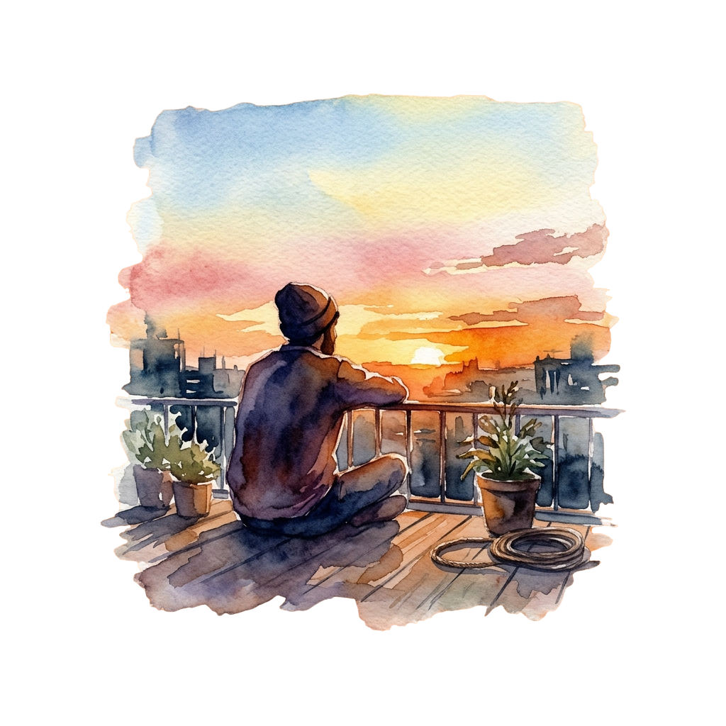 A person sitting on a balcony watching a colorful sunset with potted plants nearby